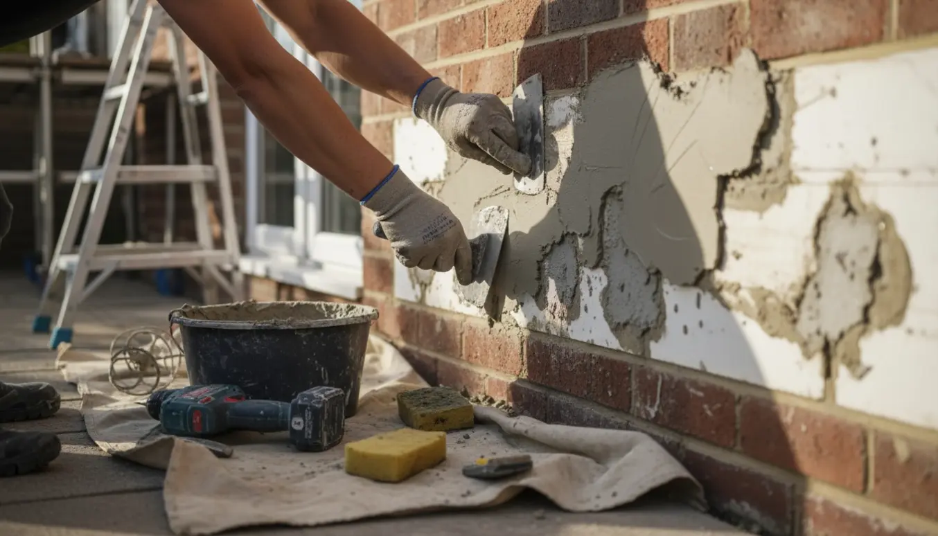 En hånd glatter våd puds på ydermuren af en tilbygning med murske og spand i baggrunden.