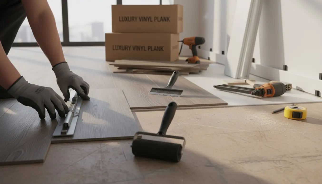 Nærbillede af hænder, der lægger nyt vinylgulv over et gammelt gulv med fodlister klar til montering.