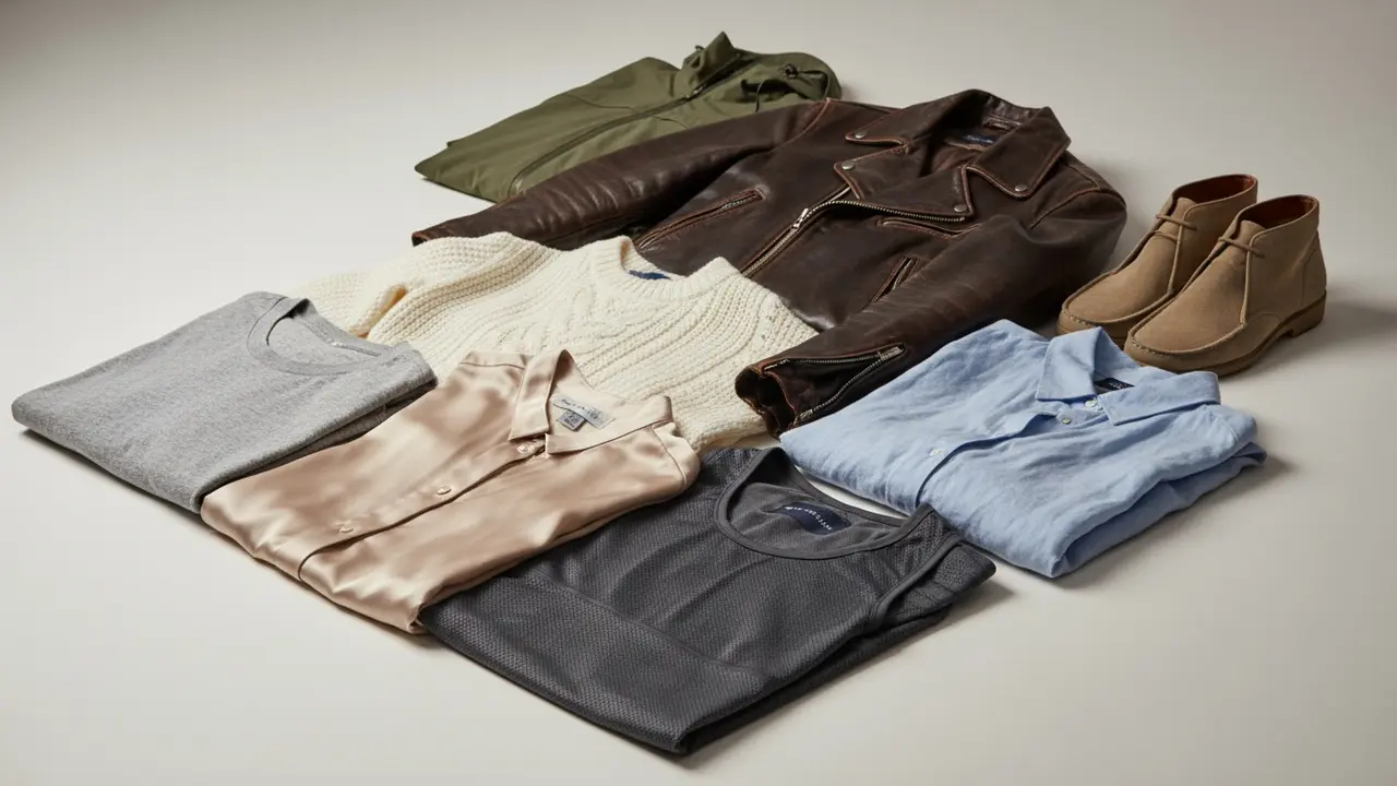 Bredt udvalg af tekstiler (bomuld, uld, silke, polyester, linned, læder) lagt pænt op til sammenligning.