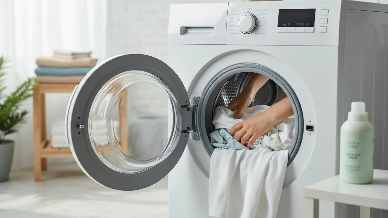 Hænder lægger bomuldstøj i en frontbetjent vaskemaskine, temperaturindstilling omkring 30–40°C.