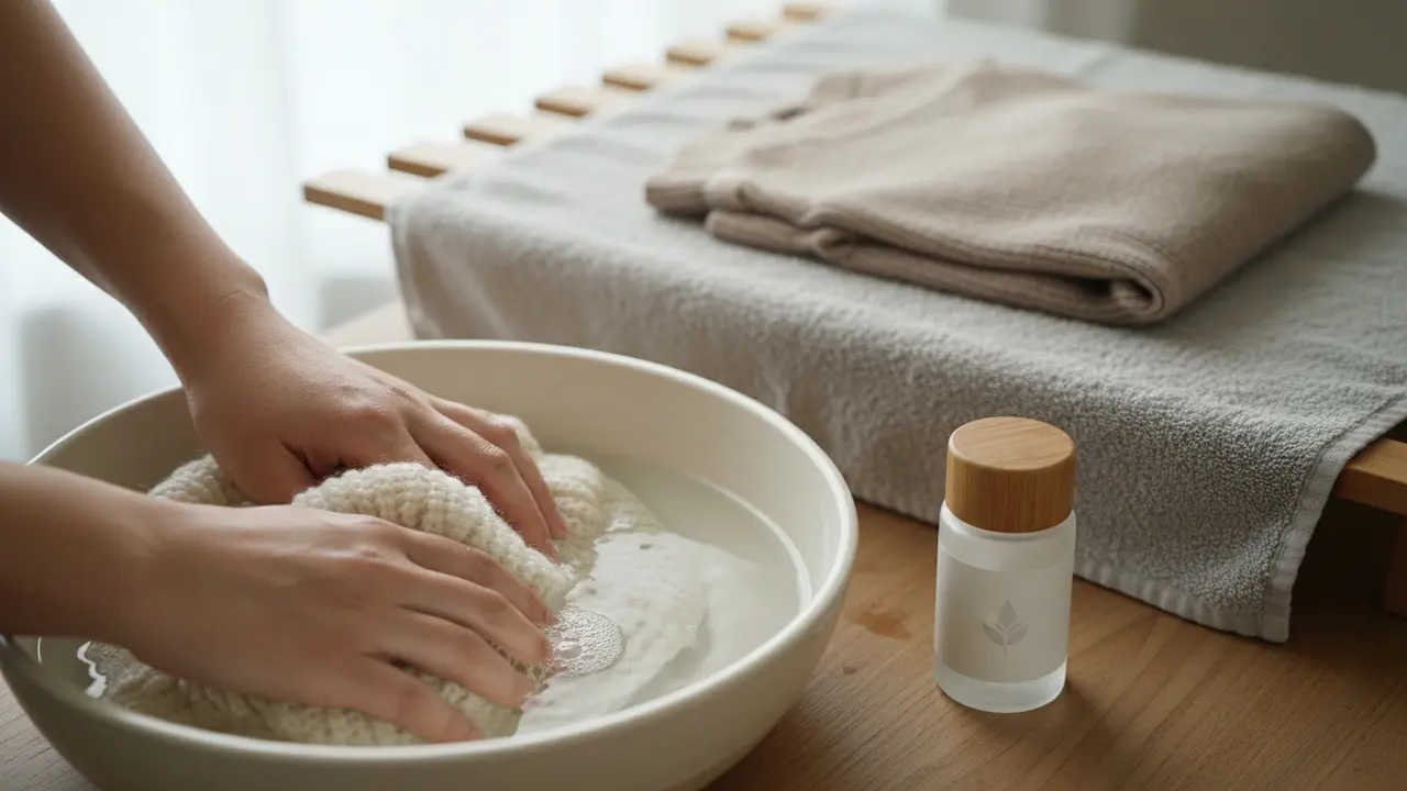 Håndvask af uldtrøje i koldt vand, tørres fladt på et håndklæde for at bevare formen.