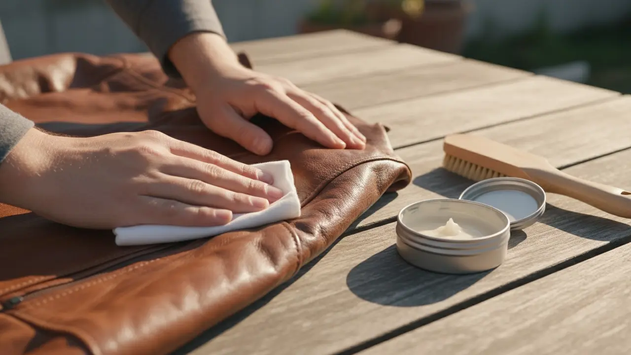Person pudser en læderjakke med blød klud og læderfedt for at bevare glans og smidighed.