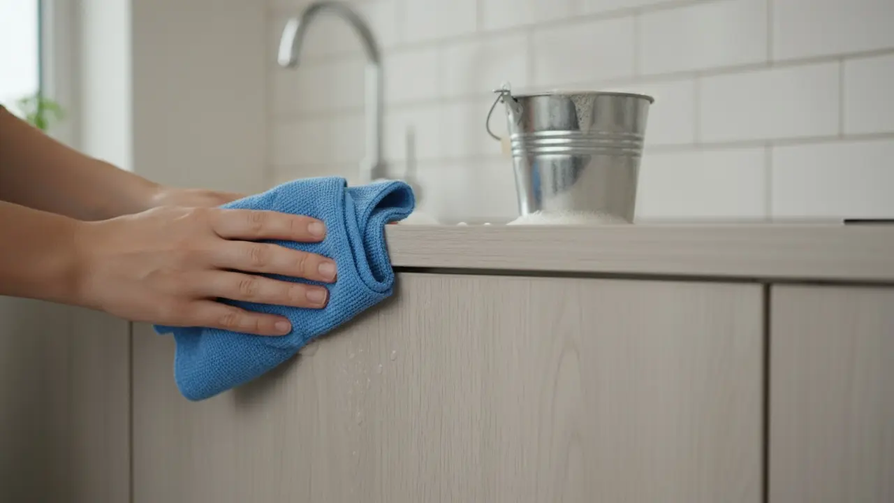 Hænder tørrer en laminatlåge af med opvredet microfiberklud og lunkent sæbevand