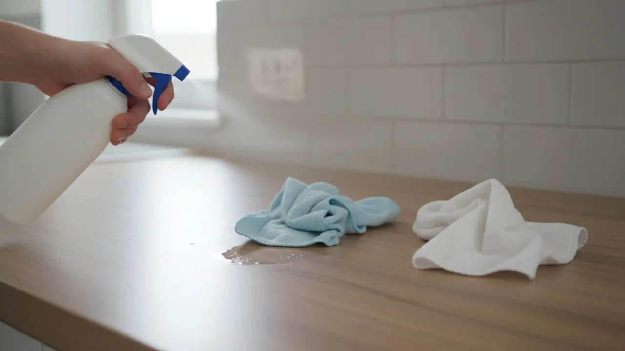 Spraydåse, våd klud og tør klud på laminatbordplade viser rengøringstrin