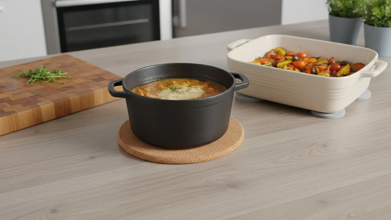 Laminatbordplade med gryde på trivet og filtunderlag under ovnfad for at beskytte mod varme og ridser