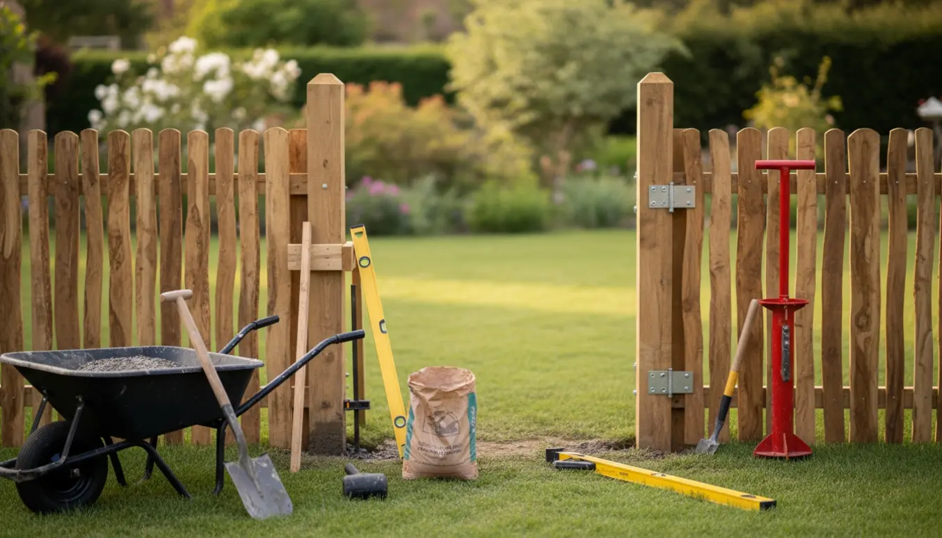 Delvist opført kastanjehegn med to lågestolper under nedstøbning og værktøj i forgrunden.