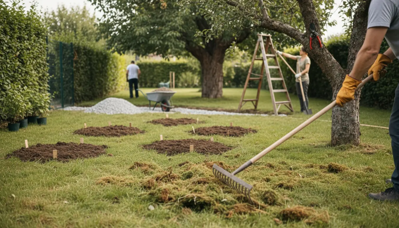 Havearbejde med fjernelse af mos, kraftig beskæring af æbletræer, anlæg af sti med søsten og granitskærver og forberedte runde bede.