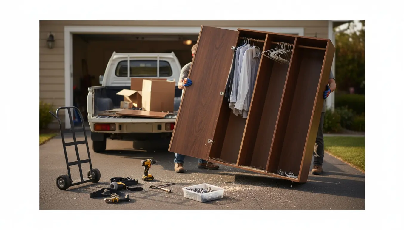Et ødelagt klædeskab læsses på en lastbil i indkørslen med værktøj og handsker i forgrunden.