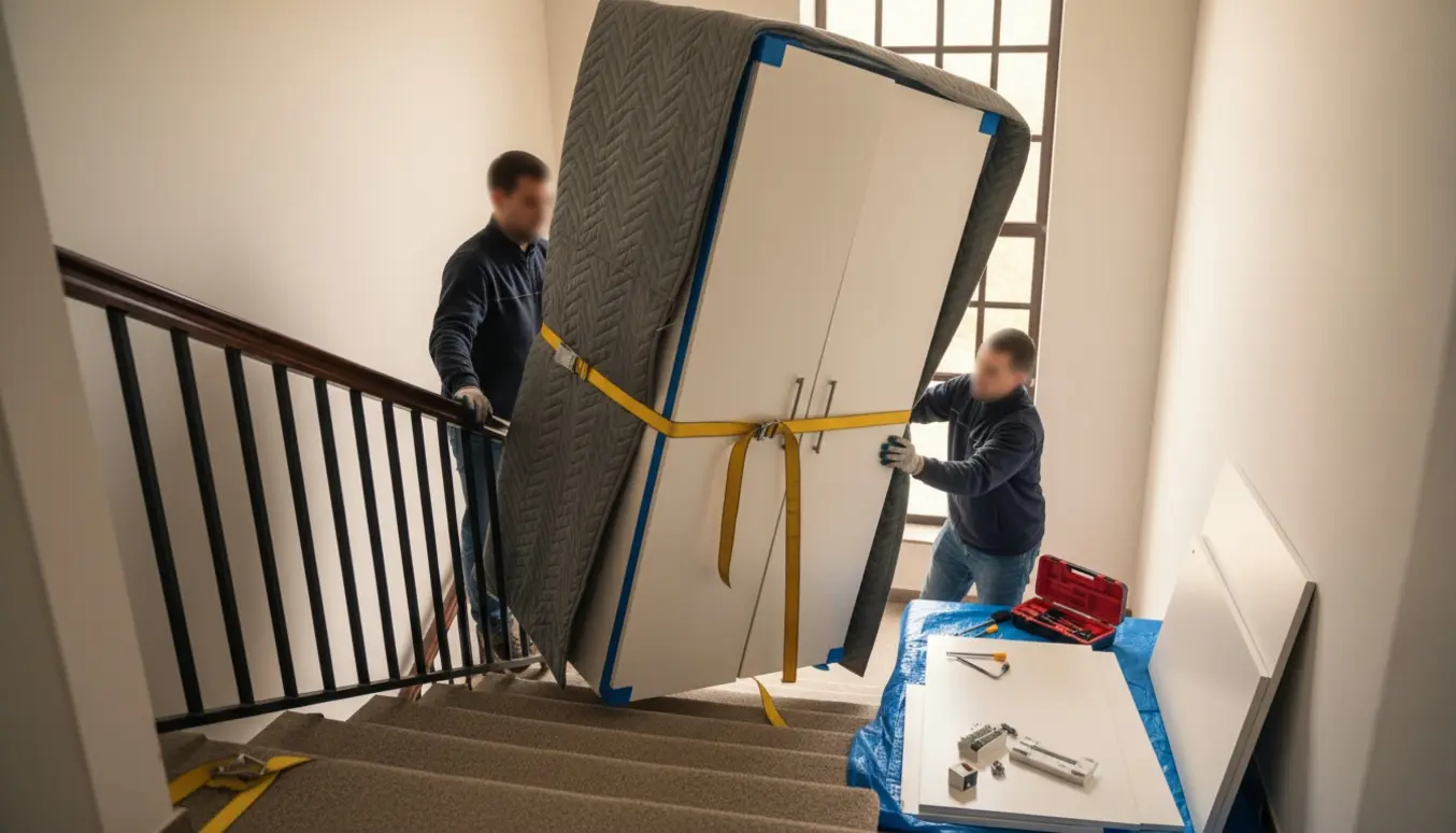 To flyttefolk bærer et stort hvidt garderobeskab dækket af flyttetæpper ned ad en lejlighedstrappe.