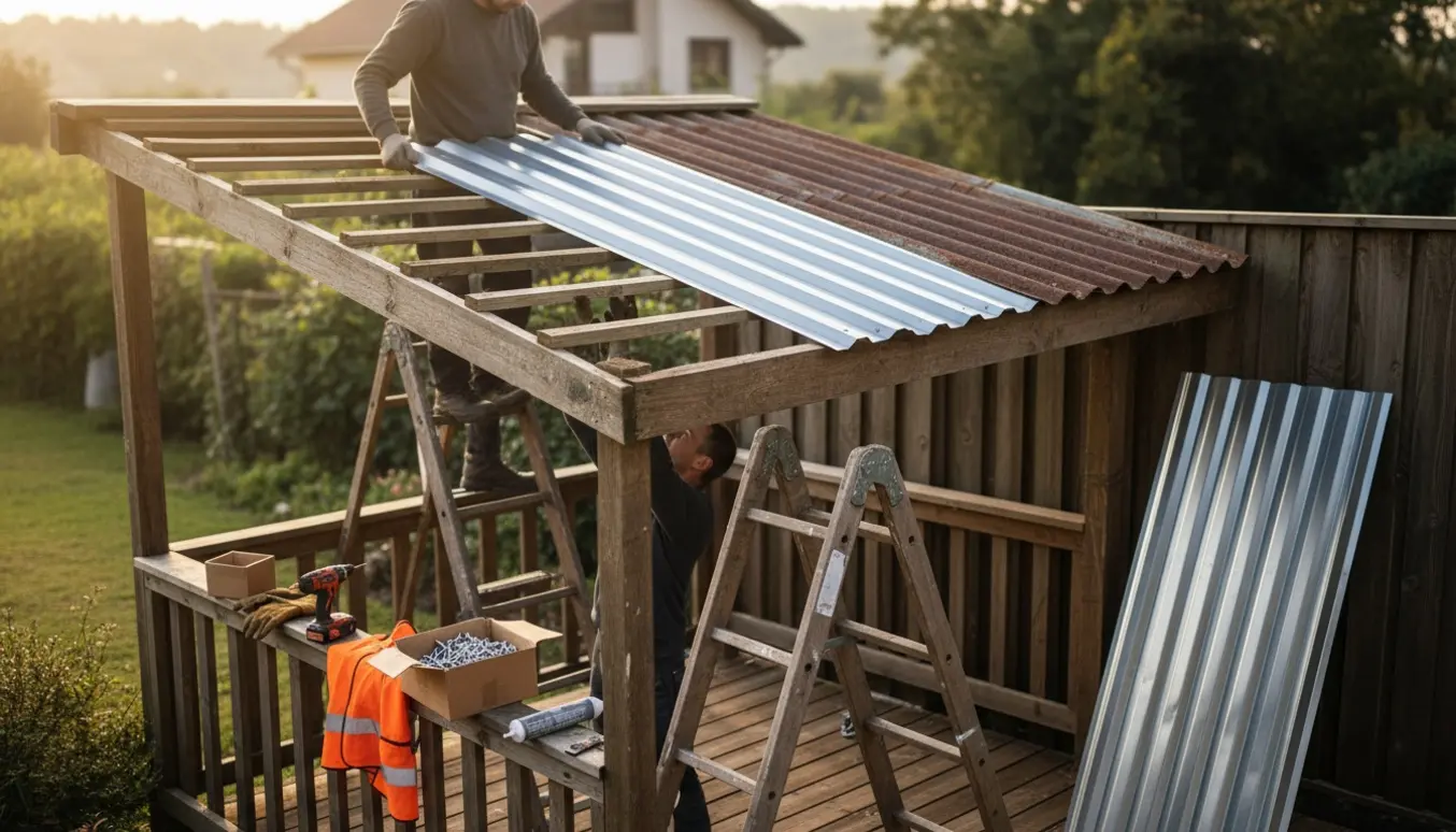 Ny trapezplade løftes på plads over en lille overdækket terrasse mens en hjælper holder pladen nede ved stigen.