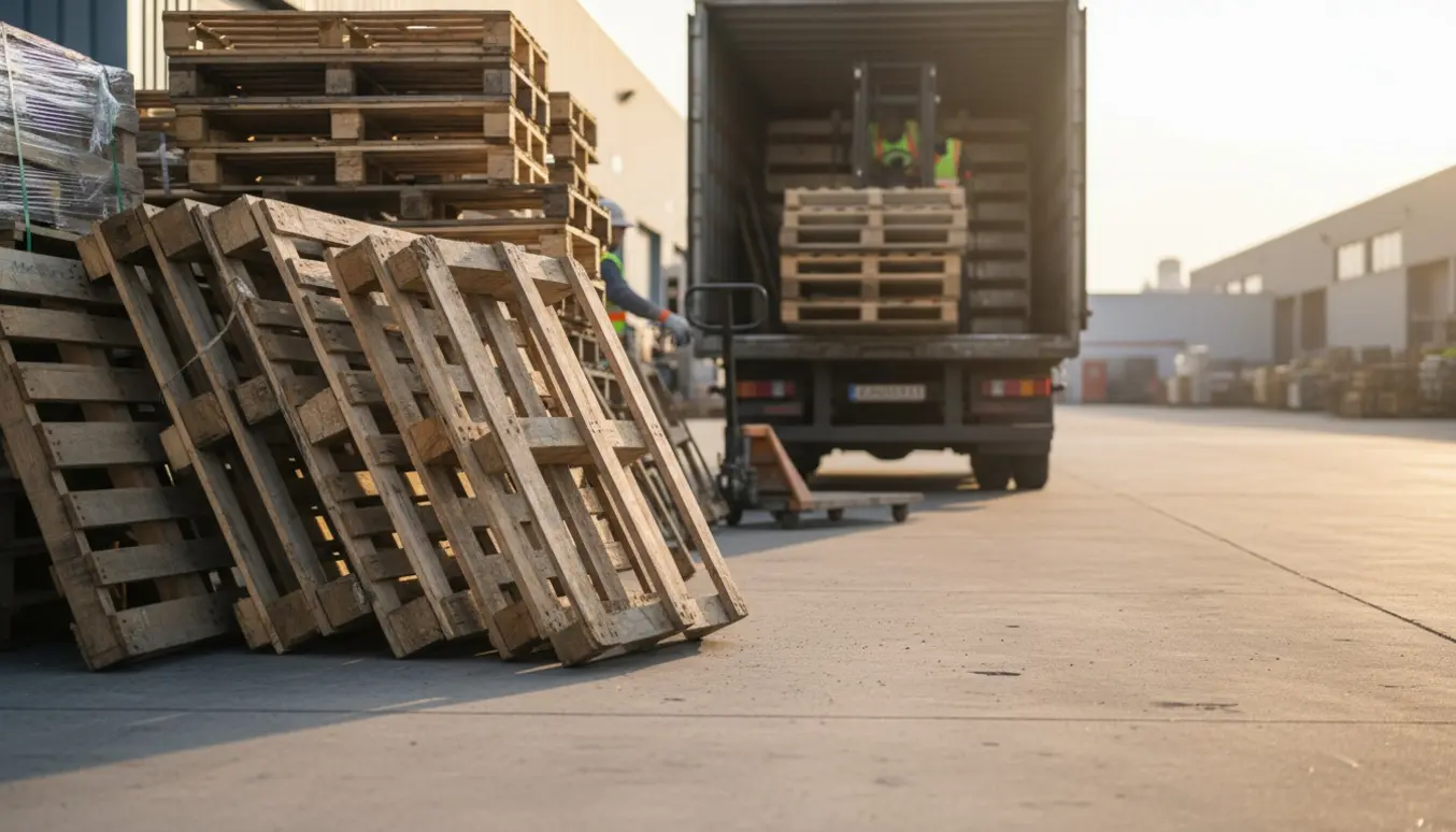 Ulikke, ukurante trælærer lagt klar ved et lager til afhentning, mens en lastbil og gaffeltruck gør klar til indlæsning.