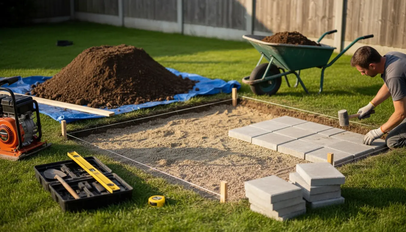 Partielt udgravet haveareal med stakke af fliser, trillebør fyldt med jord og værktøj klar til etablering af fundament til haveskur.