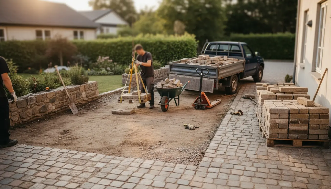 Stakke af herregårdssten på paller og en trailer, arbejdshænder i handsker læsser sten i en privat gårdhave.