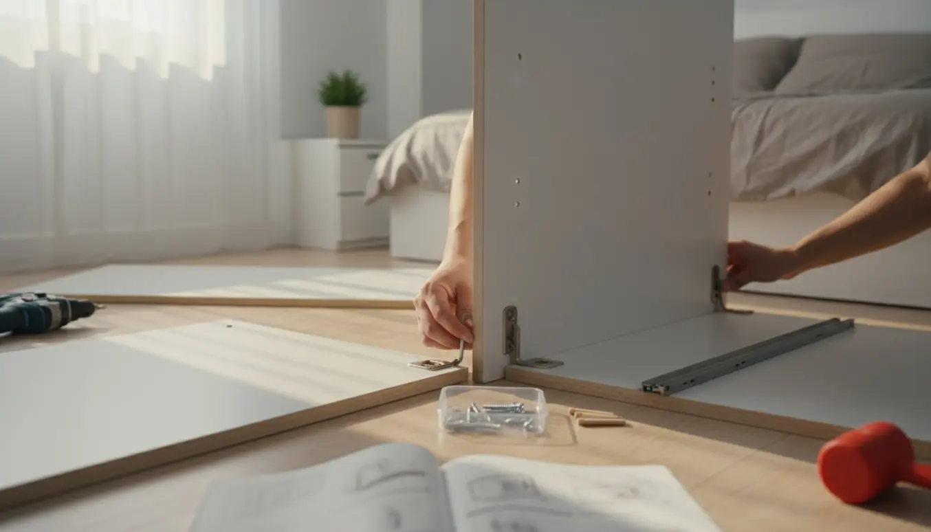 Nærbillede af hænder, der samler et moderne hvidt garderobeskab i et soveværelse.