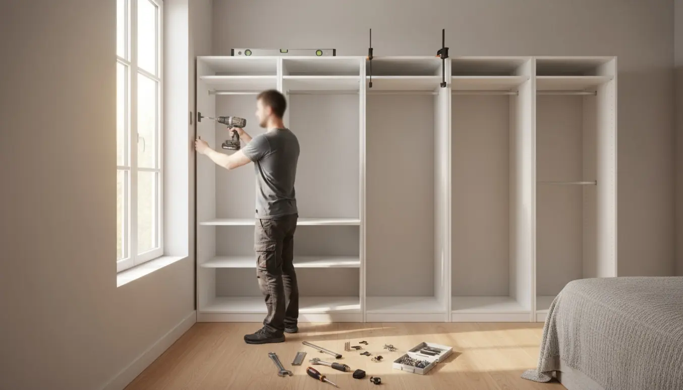 Montør fastgør seks Pax-garderobeskabe til en gipsvæg i et lyst soveværelse, med fokus på hænder og værktøj.