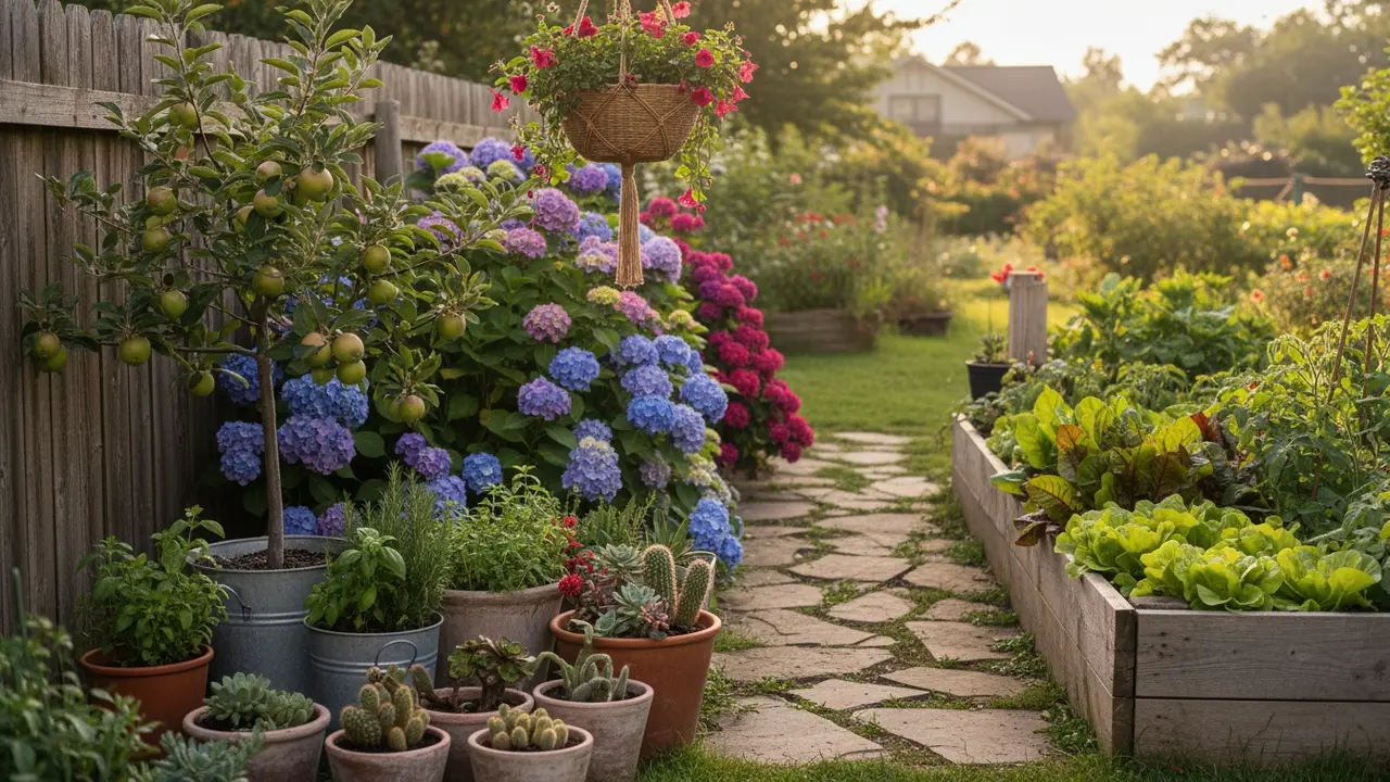 Oversigt over have med træ, buske, blomster, krydderurter og sukkulenter i krukker.