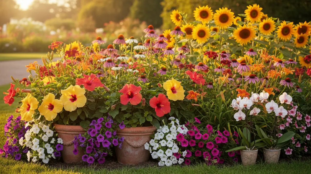 Farverigt blomsterbed med hibiscus, petunia, frøkenhat, daglilje og solsikker.