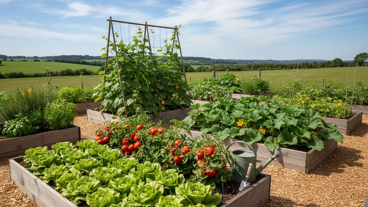 Køkkenhave med tomater, salat, agurker, squash og krydderurter i højbede.
