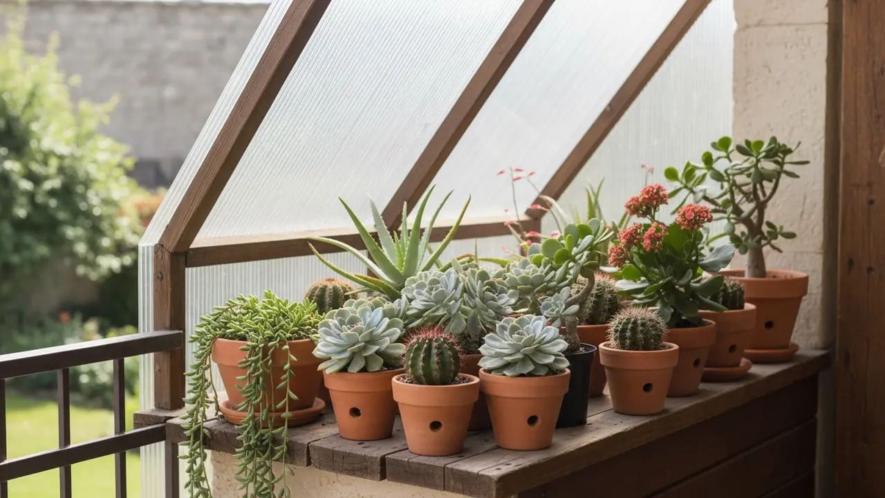 Samlingsbillede af sukkulenter i terrakottakrukker på balkon og vindueskarm.