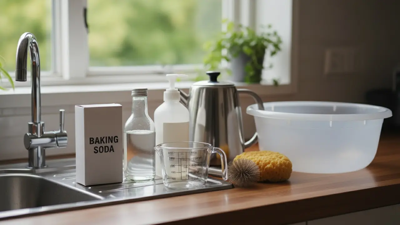 Nødvendige rengøringsmidler på køkkenbord: natron, lagereddike, opvaskemiddel, elkedel, børste og balje