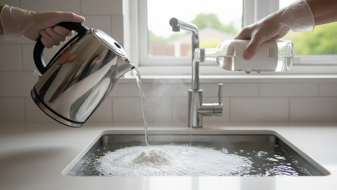 Kogende vand hældes i vask med natron og eddike, der skaber bobler og let damp