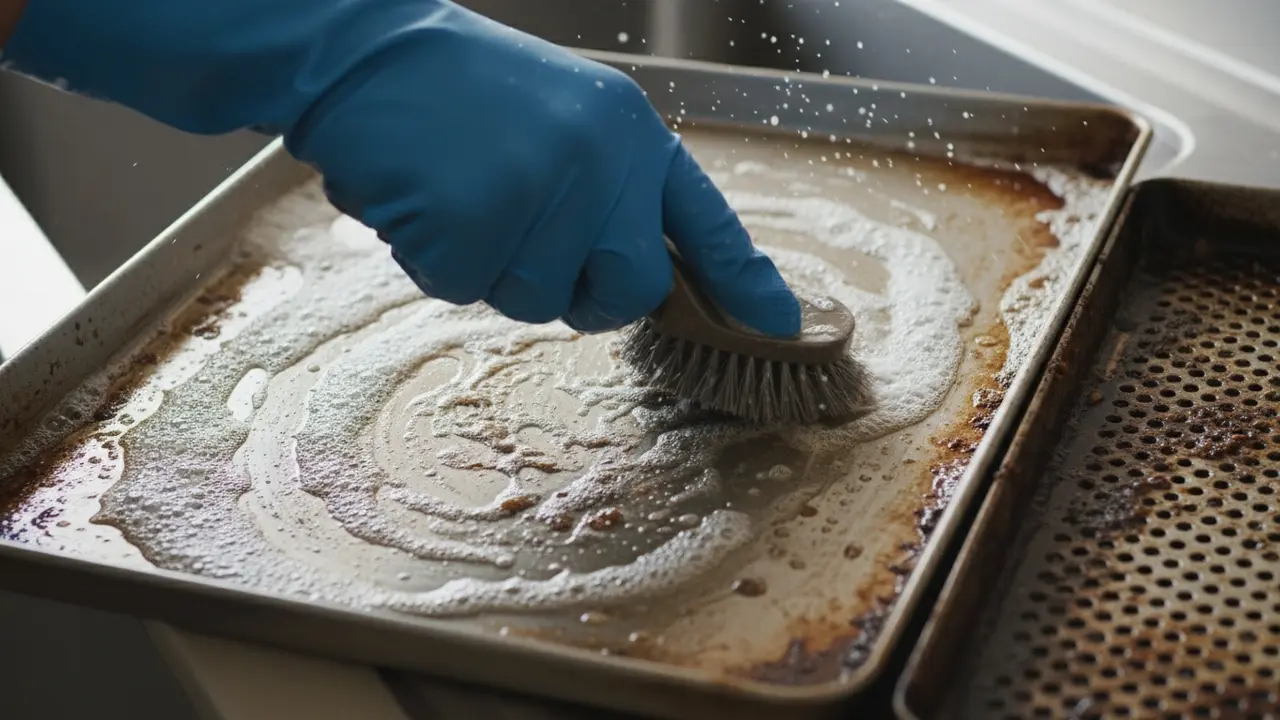 Nærbillede af hånd i handske der skrubber fedtet bageplade med stålbørste og sæbeskum