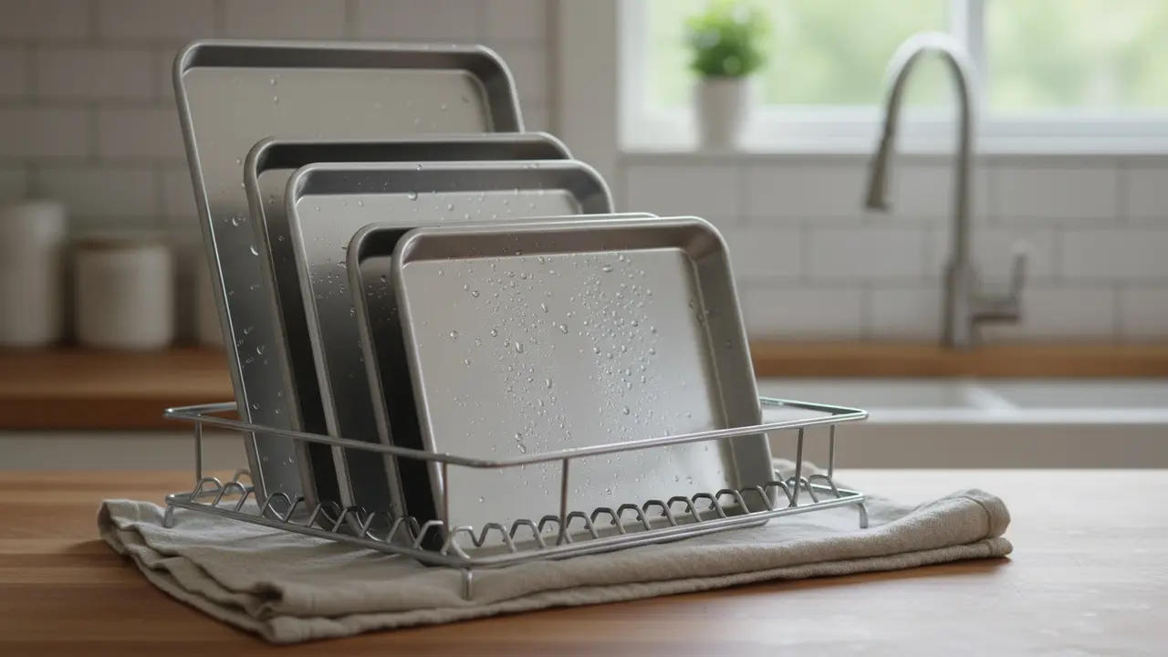 Rene bageplader tørres af og ligger til afdrypning på en opvaskerist og et viskestykke