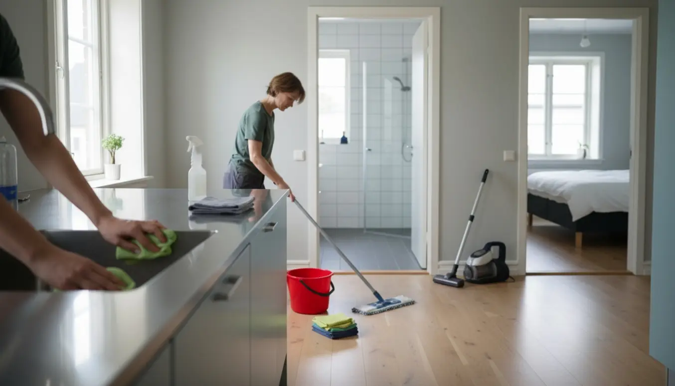 Lyst, moderne hjem i slutrengøring med rengøringsudstyr og ingen tydelige ansigter.
