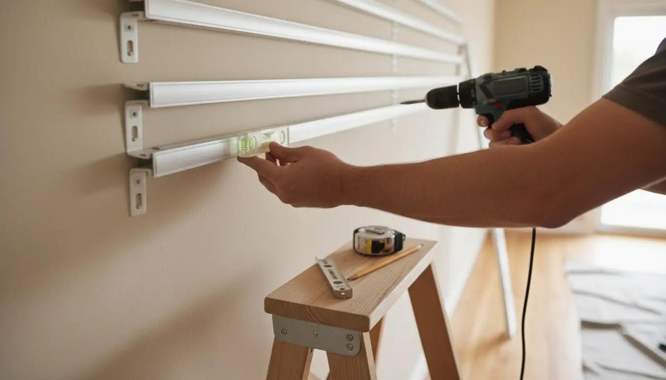 Nærbillede af hænder, der monterer en gardinskinne på væggen med boremaskine og vaterpas i et lyst rum.