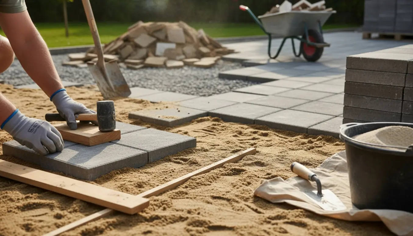 Udskiftning af gamle fliser med nye store betonfliser på en baghaveterrasse med værktøj og stabler af fliser.