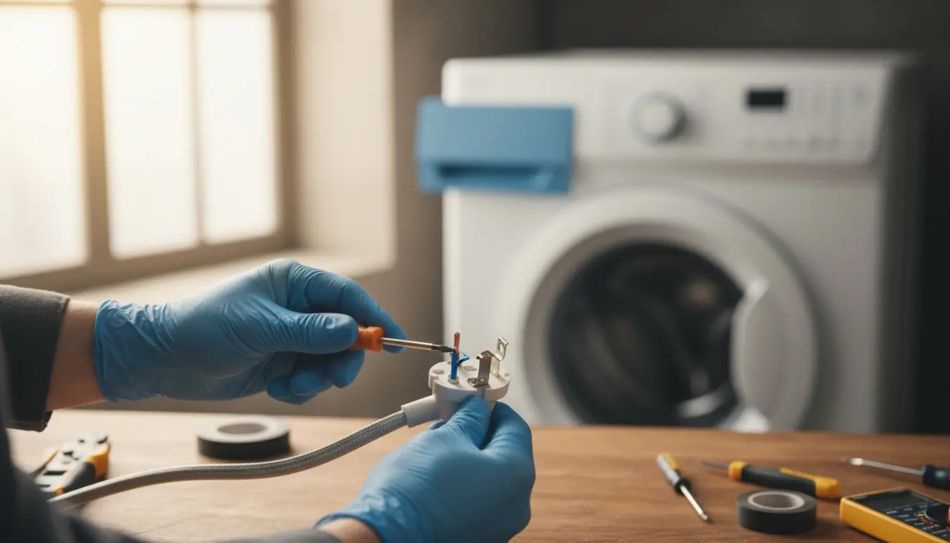 Hænder monterer en åben stikprop på en vaskemaskines ledning i et lyst, ryddeligt vaskerum.