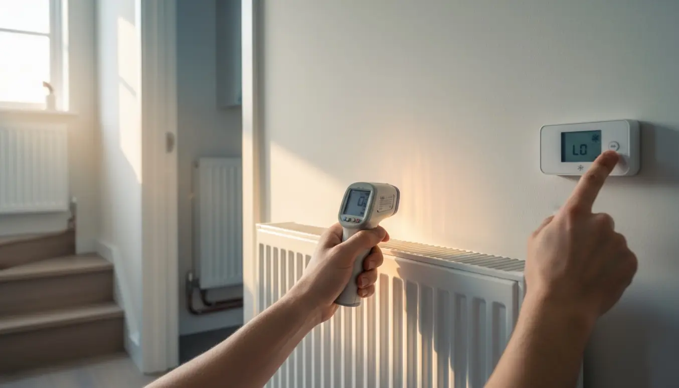 Hånd måler radiatorens varme med et infrarødt termometer, synlige rør og radiator oppe i et lyst hjem.