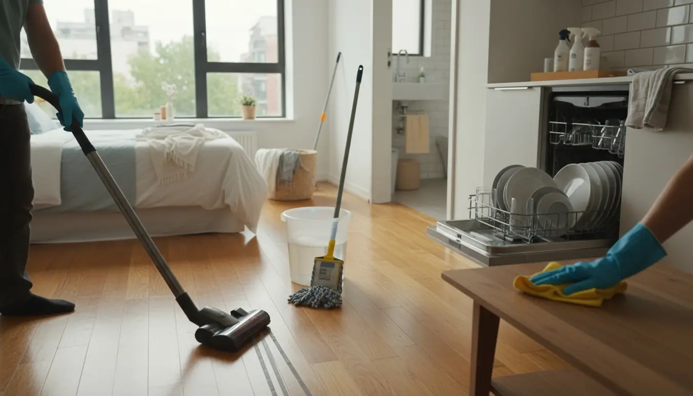 Hænder, der støvsuger og aftørrer en solbeskinnet lejlighed med foldet sengetøj og vasketøj i en kurv.