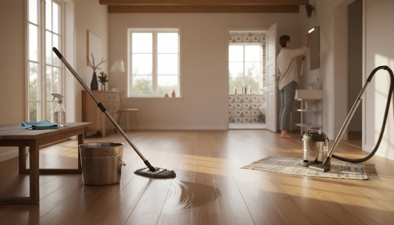 Soloplyst sommerhus med smukke egetrægulve, hvor en rengøringsperson mopper gulvet og fjerner spindelvæv med støvredder.