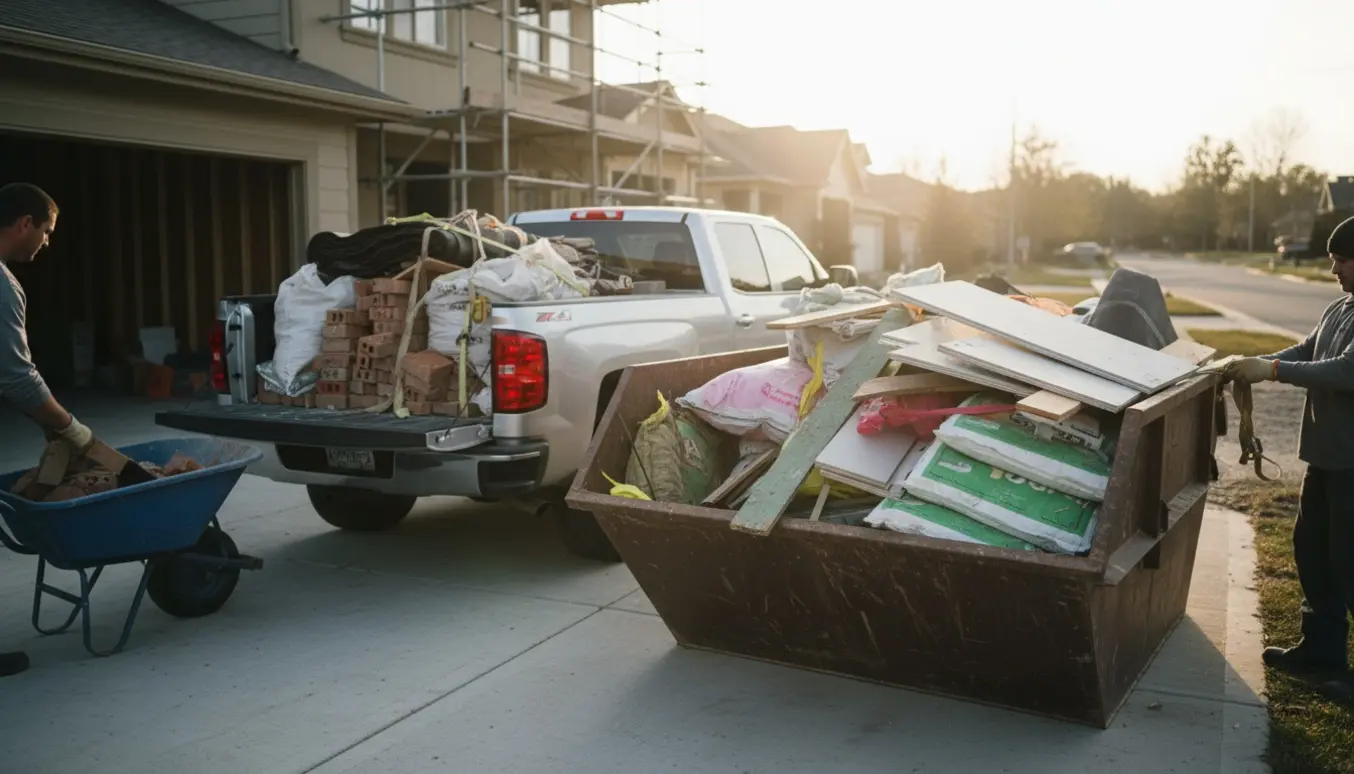 Varebil og container fyldt med byggematerialer på en indkørsel, med arbejdshandsker synlige under bortkørsel.