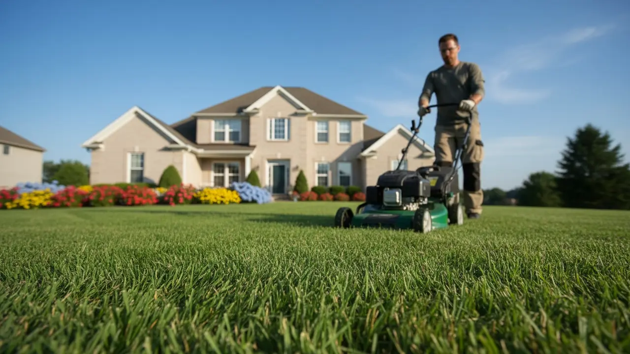 Person slår græs med plæneklipper på en frisk, grøn forplæne