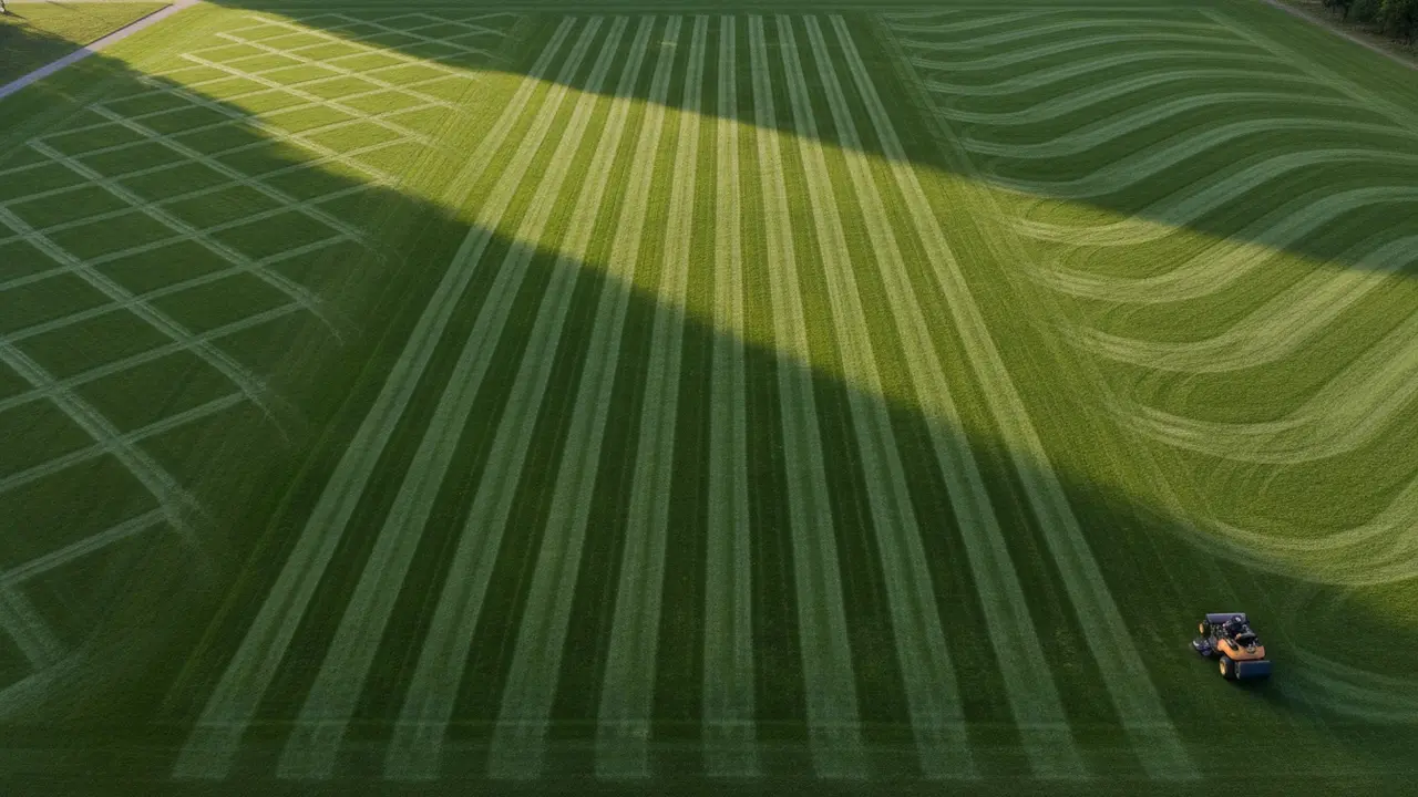 Luftfoto af græsplæne med synlige striber og mønstre efter klipning