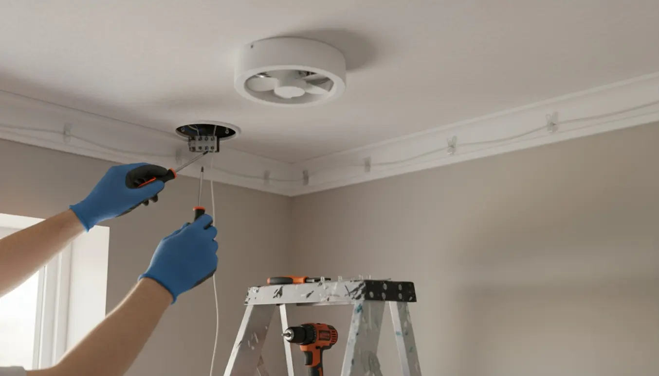 Hænder tilslutter ventilatorens ledning i loftets lampeudtag og fastgør kablet langs loftslisten.