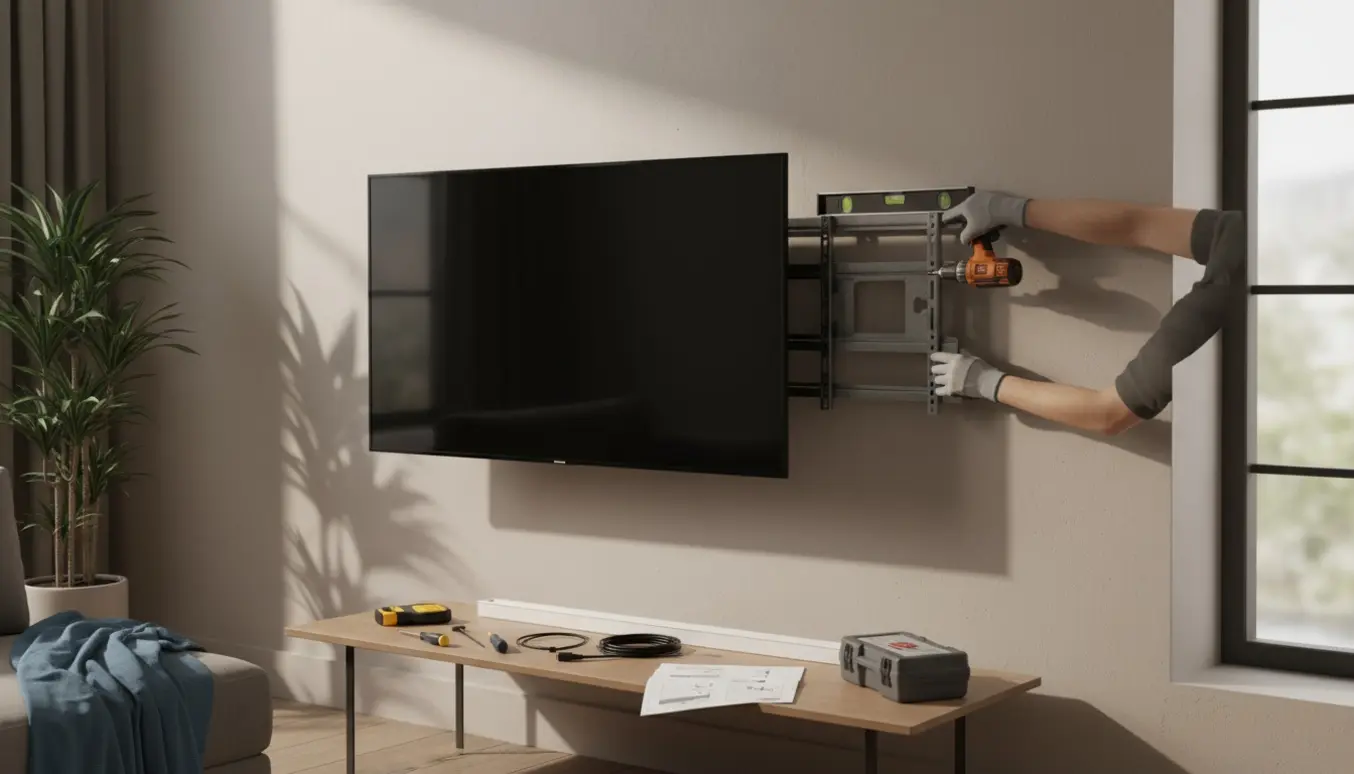 Moderne tv monteres på væggen i en stue, hænder med værktøj justerer vægbeslaget.
