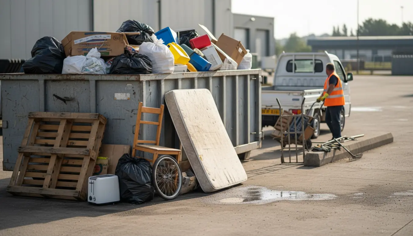 Assorteret husholdningsaffald og en arbejdende person set bagfra ved en modtageplads.