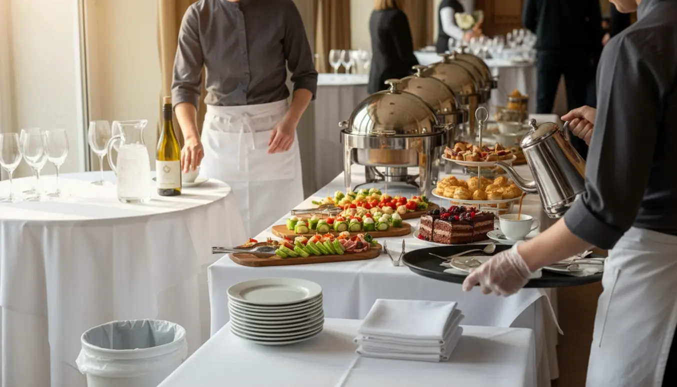 Servere dækker vin, vand, kaffe og kage ved et elegant fødselsdagsbuffetbord.