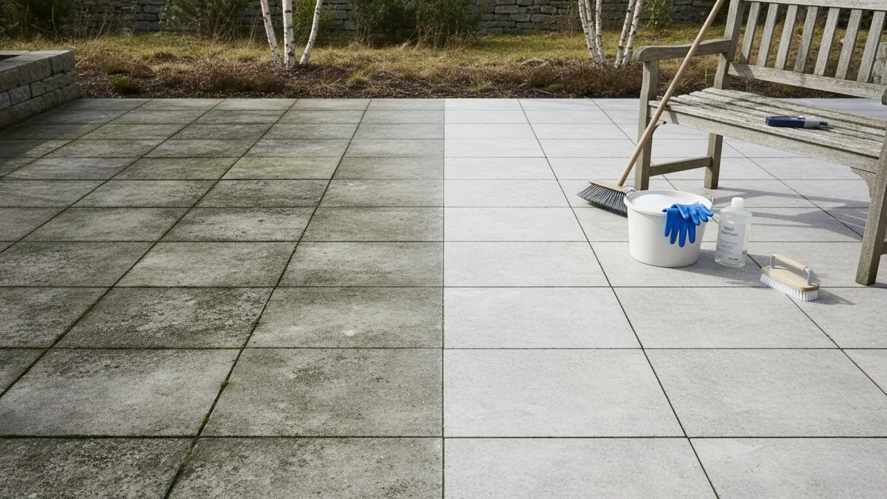 Oversigt af terrassefliser med en beskidt og en rengjort sektion samt rengøringsværktøj