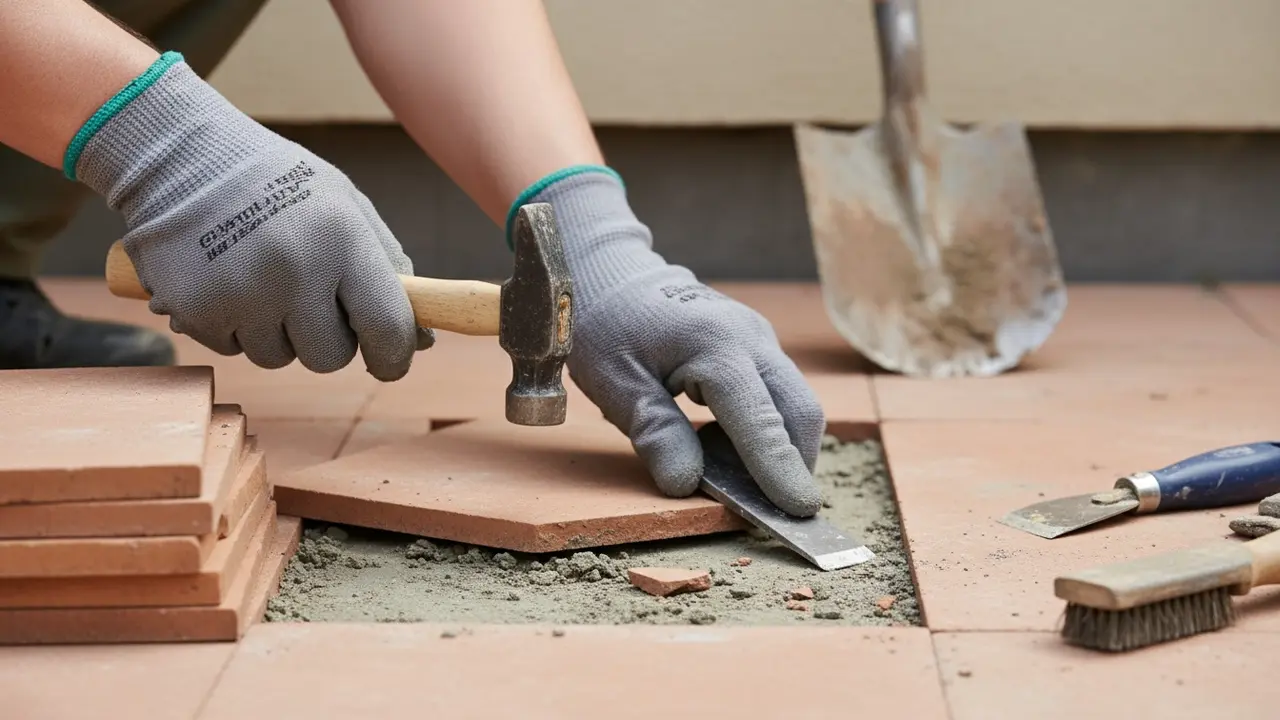Nærbillede af håndværktøj: hammer og mejsel fjerner en knækket flise med spade og mørtel i baggrunden
