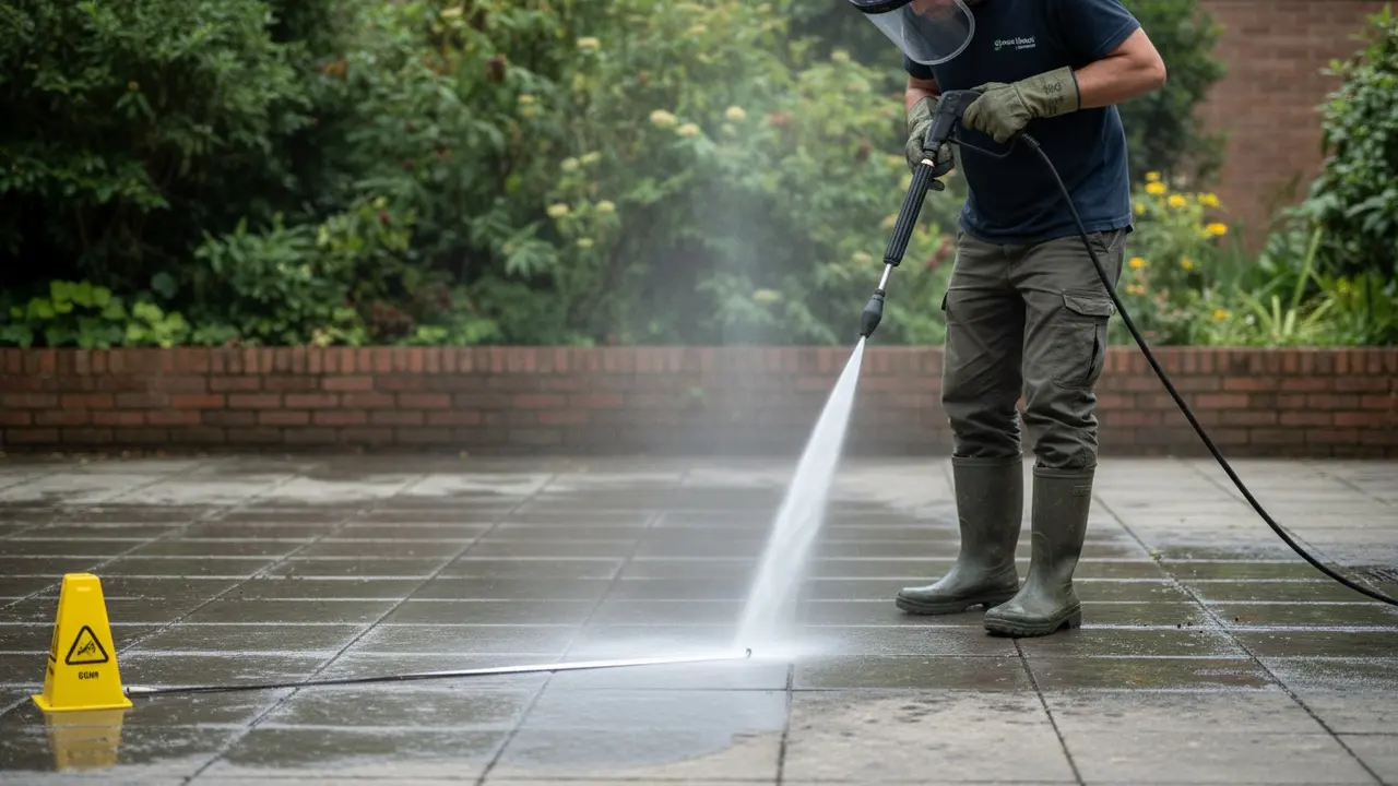 Person med visir og handsker bruger højtryksrenser på fliser, holder dysen cirka 20 cm fra overfladen