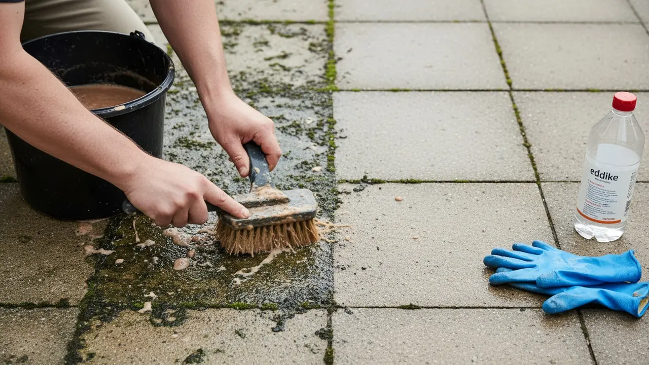 Nærbillede af manuel fjernelse af mos og alger med stiv børste og brun sæbe, før-og-efter synligt