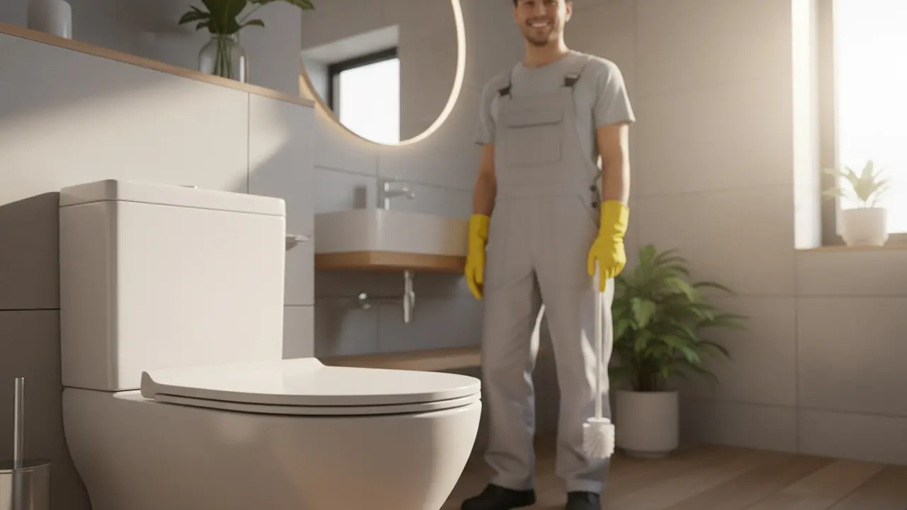 Rene, moderne badeværelse med en person i gummihandsker ved et rent toilet