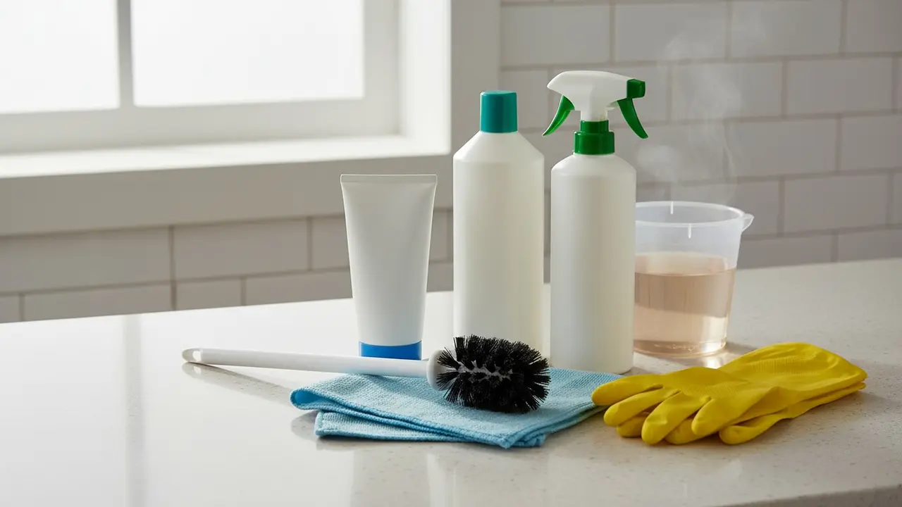 Oversigt over nødvendige rengøringsmidler: toiletbørste, toiletrens, balje, klud og handsker