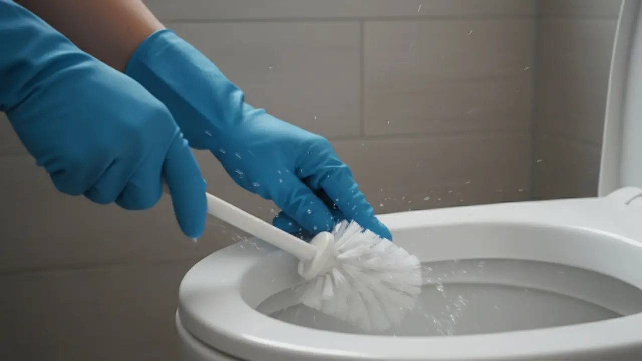 Nærbillede af handsker og toiletbørste, der skrubber toiletkummen