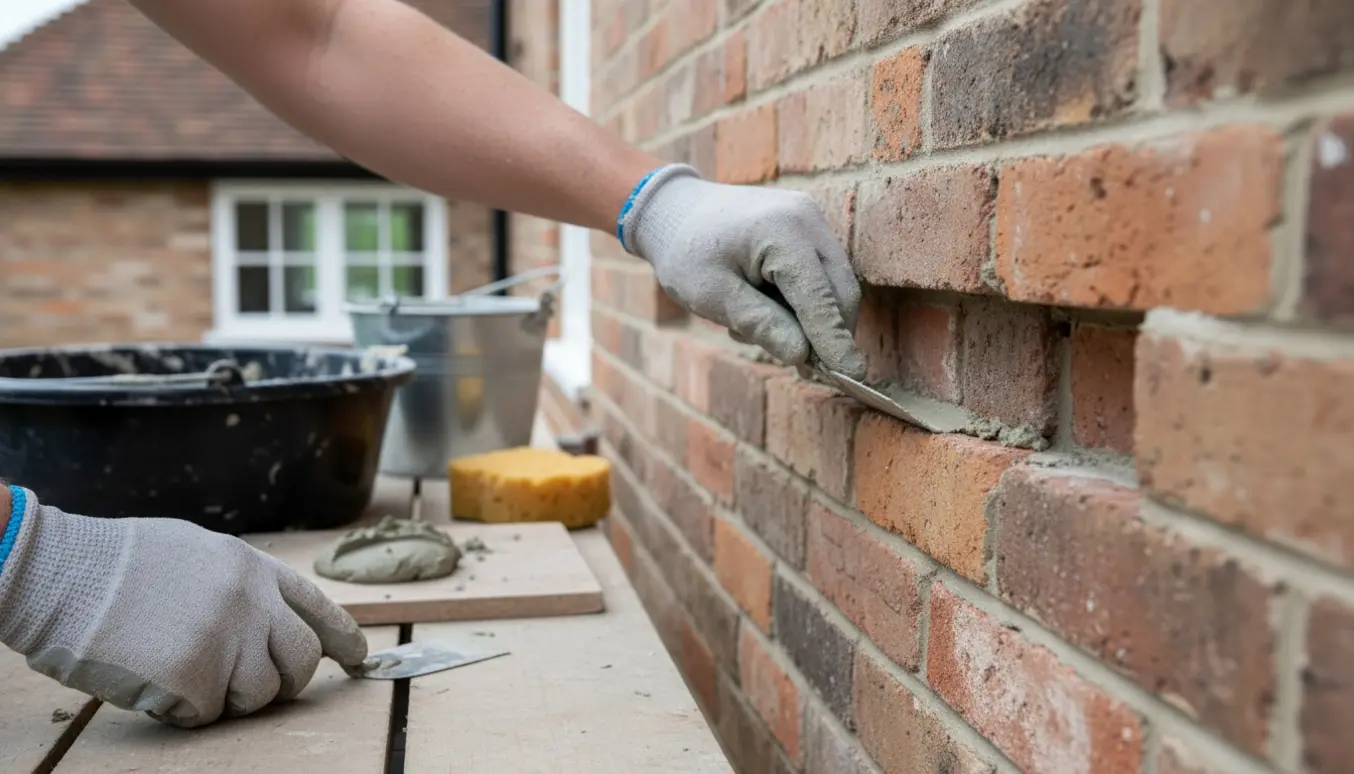 Hænder, der fuge en teglmur med grå kalkmørtel på en husfacade.