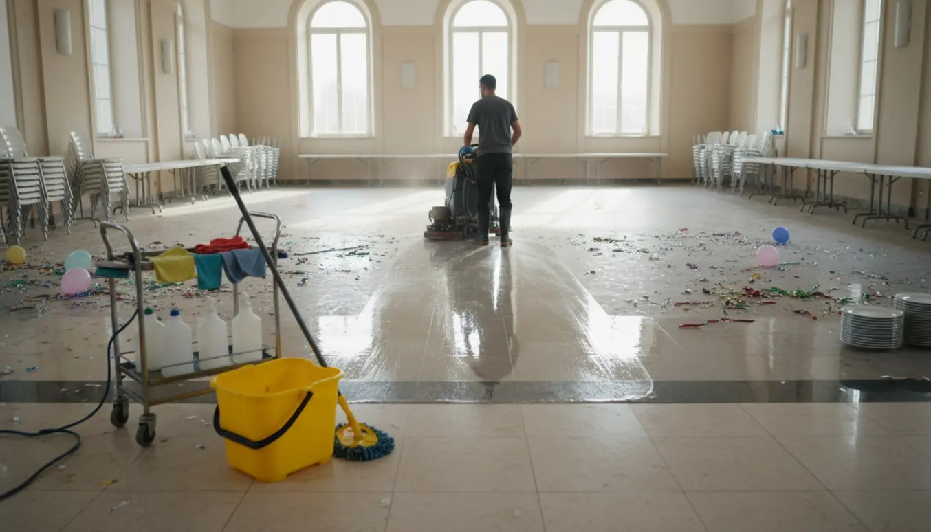 Stort tomt festlokale med rengøringsudstyr og en person set bagfra, der vasker gulvet efter en fødselsdag.
